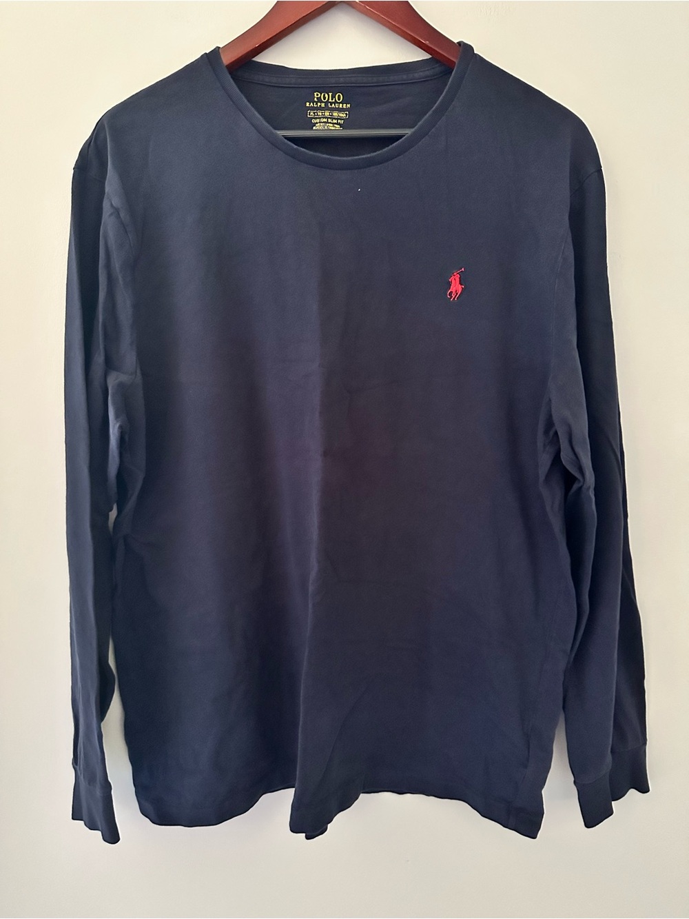 Polo by Ralph Lauren Men’s Navy Long-Sleeve Crew T-Shirt with Red Pony